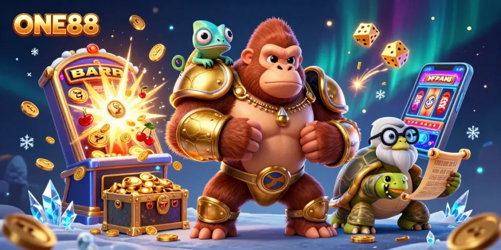 ONE88 showcases powerful casino action with golden armor gorilla and vibrant slots in a dynamic scene