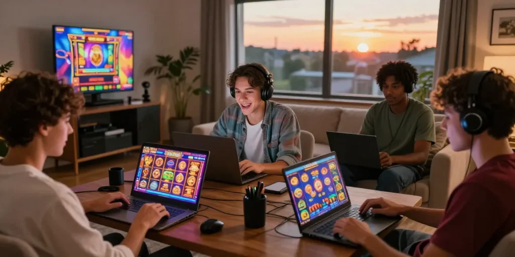 Pemain slot online antusias beraksi di ruang tamu, menikmati berbagai permainan slot.
