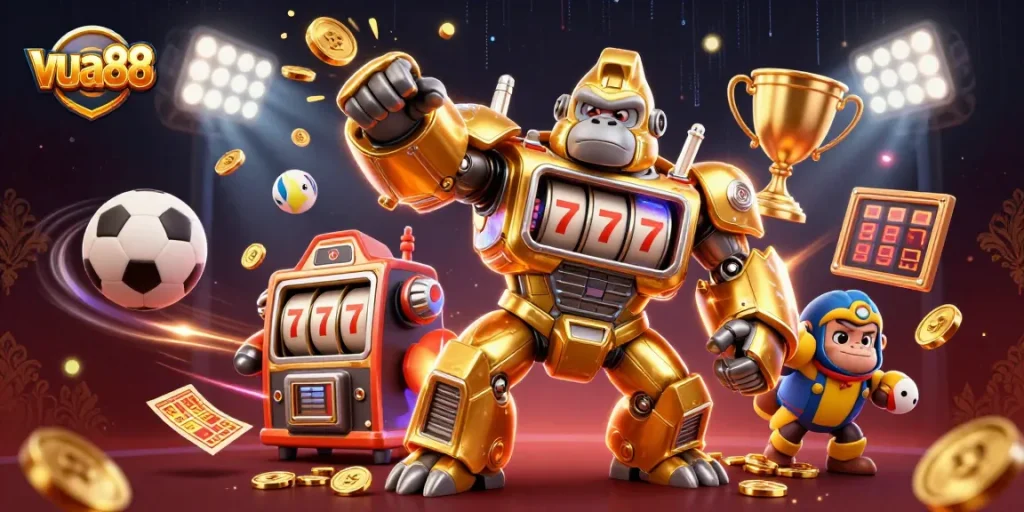 Experience explosive wins at vua88 with a vibrant 3D gaming illustration featuring a golden gorilla mech.
