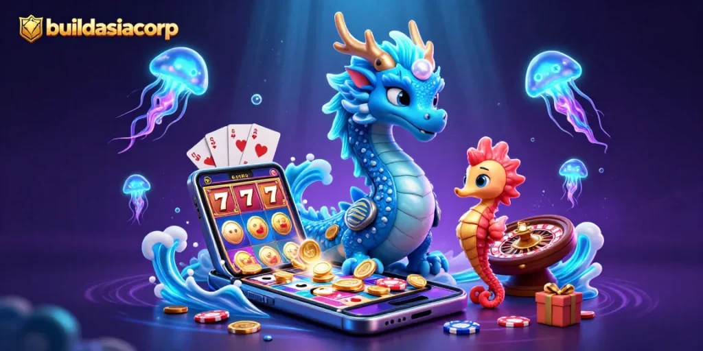 Engage with buildasiacorp's vibrant casino adventure featuring an azure water dragon and dynamic gaming elements.