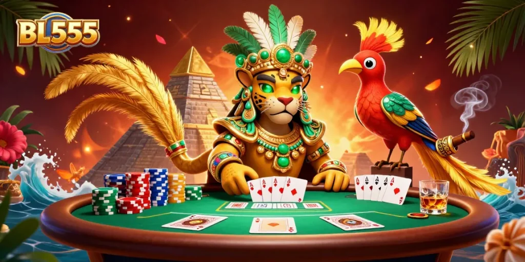 Experience thrilling card action with BL555 in a vibrant 3D casino setting.