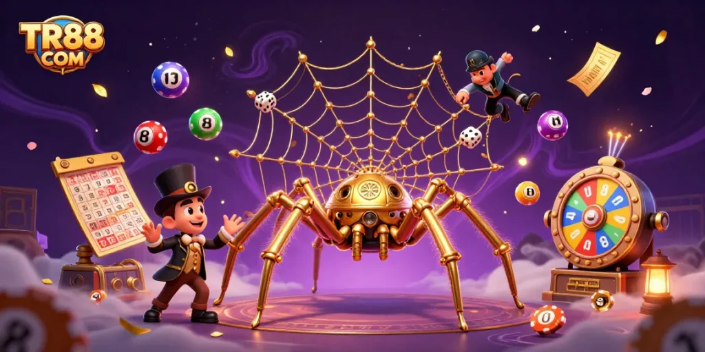 Experience immersive gaming with TR88 COM's vibrant casino-themed illustration featuring dynamic gambling elements.