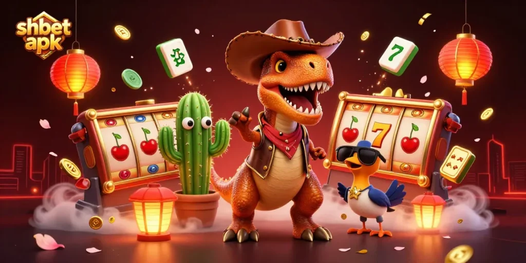 Experience thrilling gameplay with shbet apk in this dynamic casino-themed illustration featuring a cowboy T-Rex and friends.