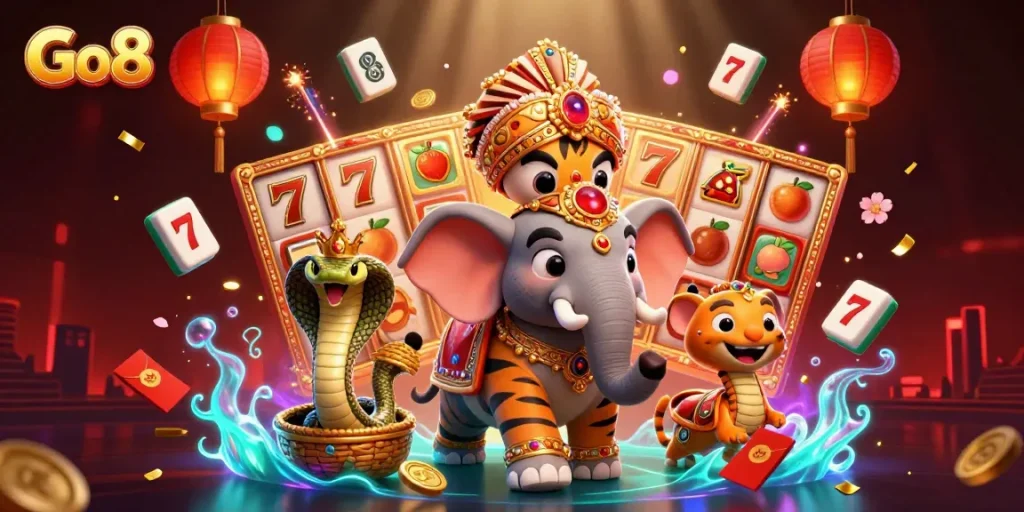 Play slots at Go8 with immersive 3D casino illustration featuring a maharaja tiger and jackpot elements.