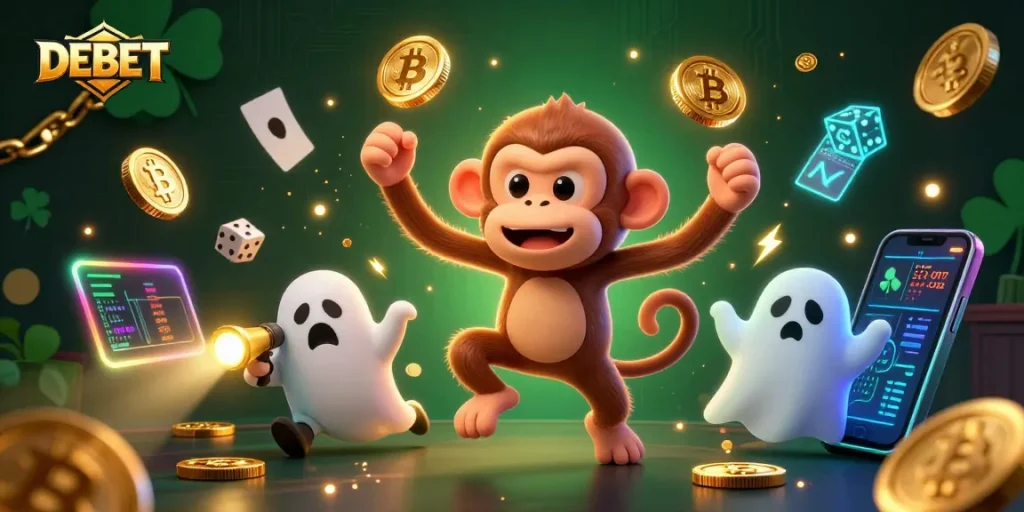 Experience DEBET's thrilling gaming atmosphere with a playful poltergeist monkey in a haunted casino scene.