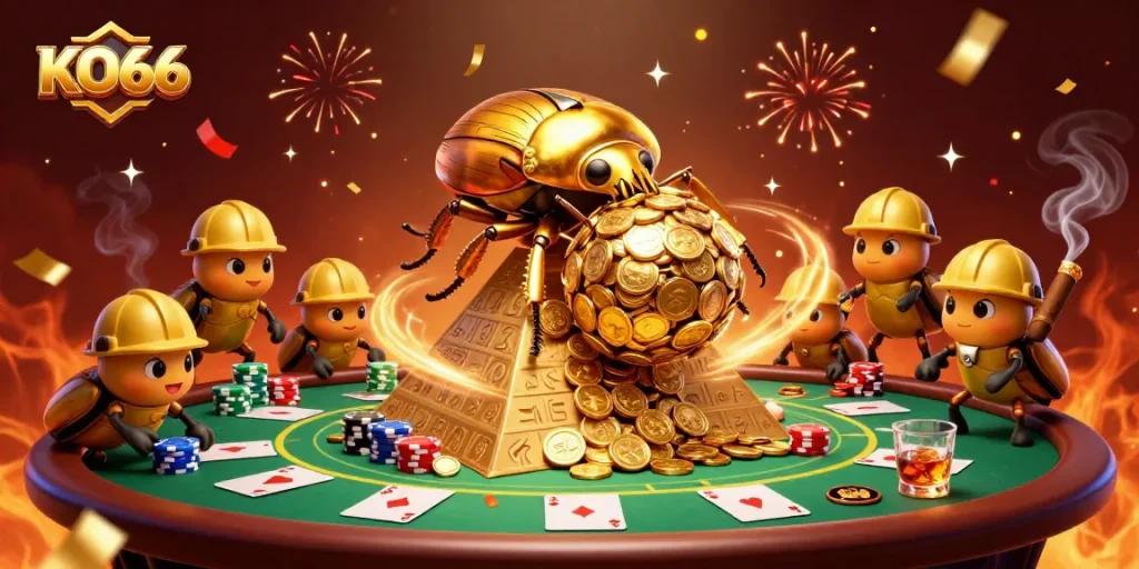 Exciting KO66 casino scene with a golden dung beetle rolling coins and a vibrant poker setup.