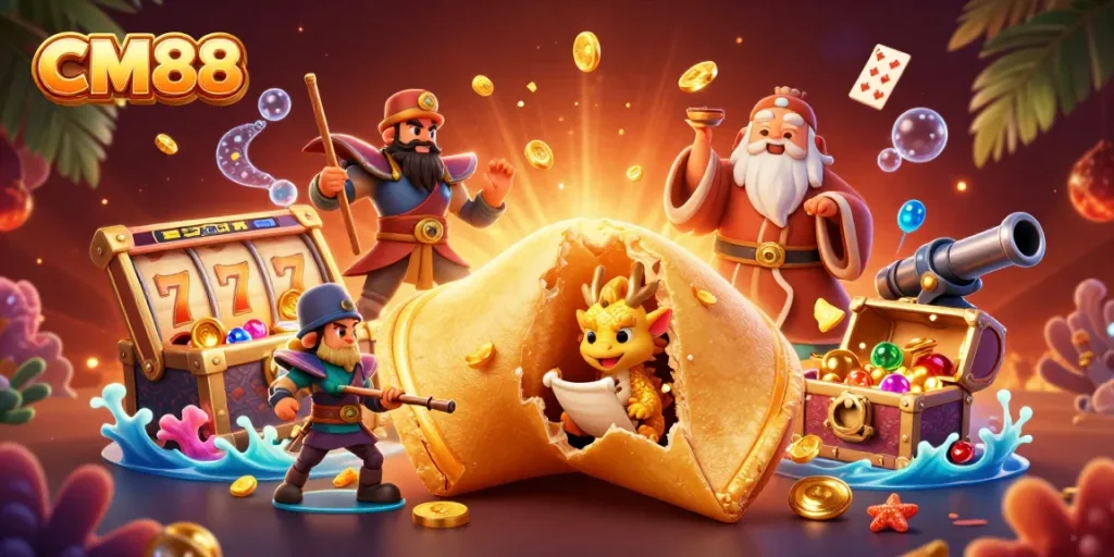 Engage with CM88 as a golden fortune cookie reveals riches in a vibrant casino world.