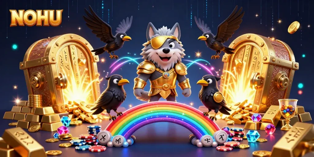 Play NOHU at an immersive casino with Odin and mythical treasures lighting up the scene.