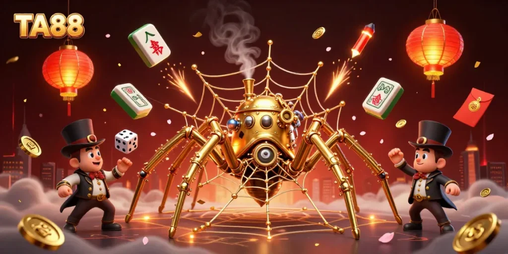 Engage with TA88's thrilling environment, featuring a steampunk spider and lucky elements in a dynamic casino scene.