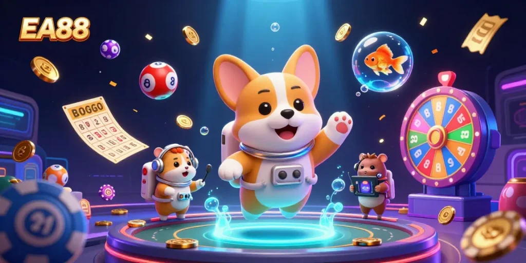 Experience thrilling gambling with EA88 in a vibrant casino scene featuring cartoon characters in space.