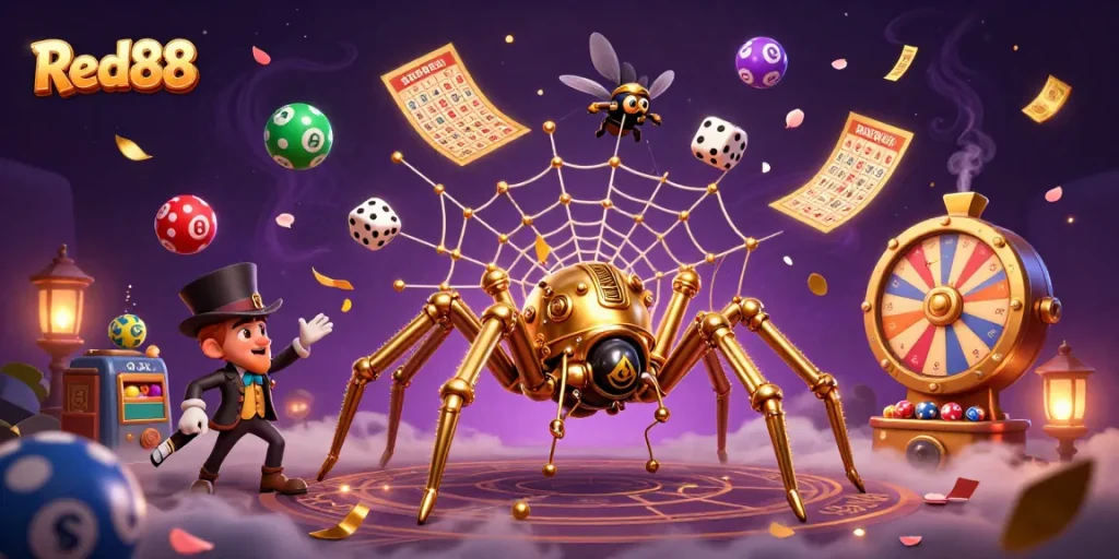 Spin and win with Red88 in this vibrant, dynamic 3D casino-themed illustration.