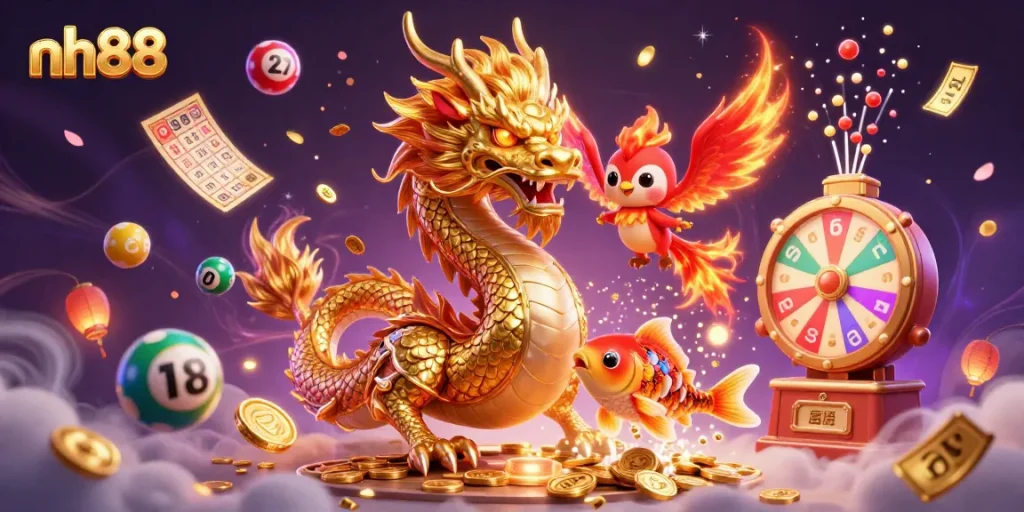 Experience big wins with nh88's vibrant casino illustration featuring games and lucky symbols.