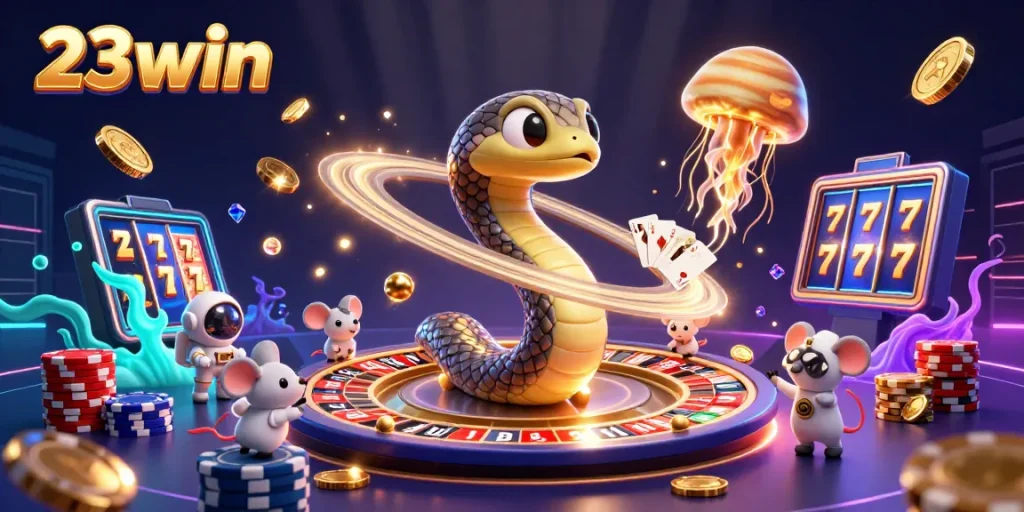 Experience the thrill of 23win with this dynamic 3D casino scene showcasing slot reels and betting excitement.