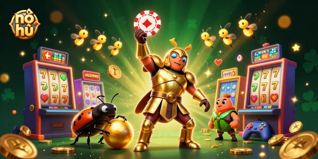 Engage in nổ hũ action with a colorful casino scene featuring a victorious beetle hero and vibrant slot elements.