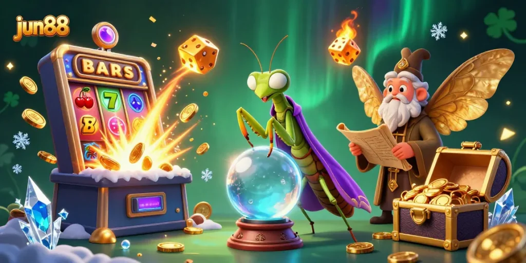 Experience the magic of jun88 with vibrant games and an enchanting atmosphere in this detailed casino scene.