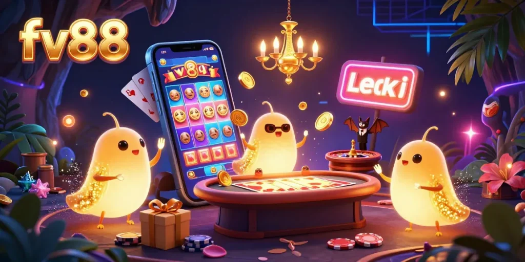 Experience the excitement of fv88 in a vibrant 3D casino scene with glowing worms and dynamic game elements.