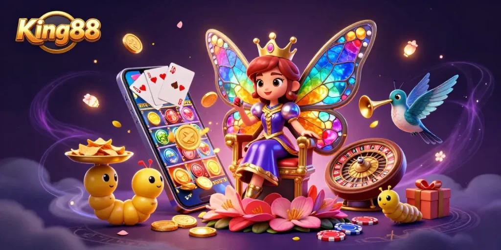 King88 gaming experience with a colorful butterfly queen illustration and vibrant casino elements.