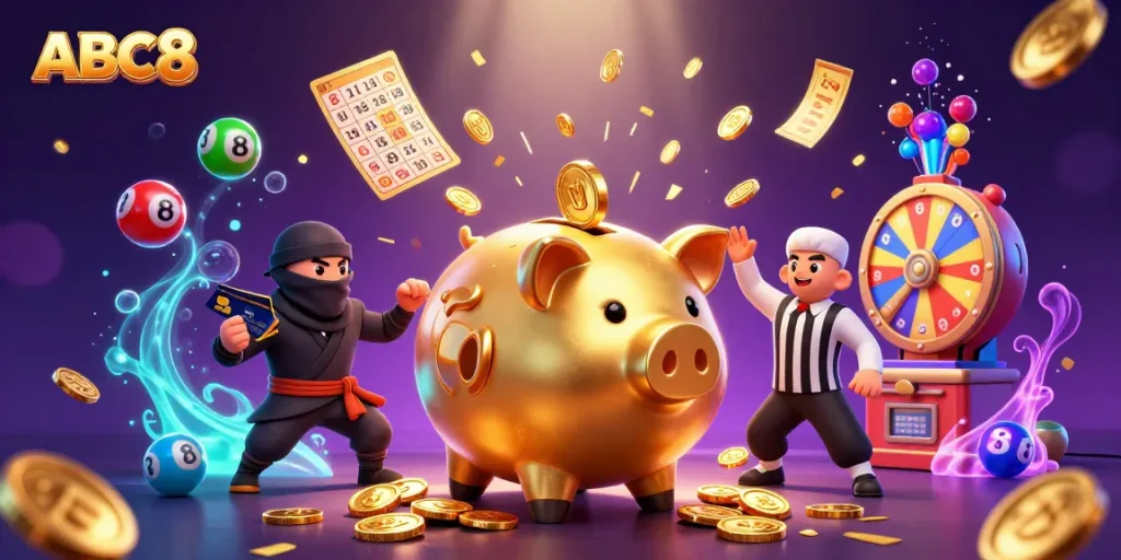 Join the excitement at ABC8 as the golden piggy bank sumo wrestler unleashes a coin-storm!
