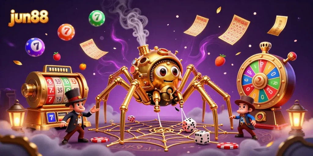 Experience thrilling gaming at jun88 with steampunk elements and vibrant casino motifs in an energetic illustration.