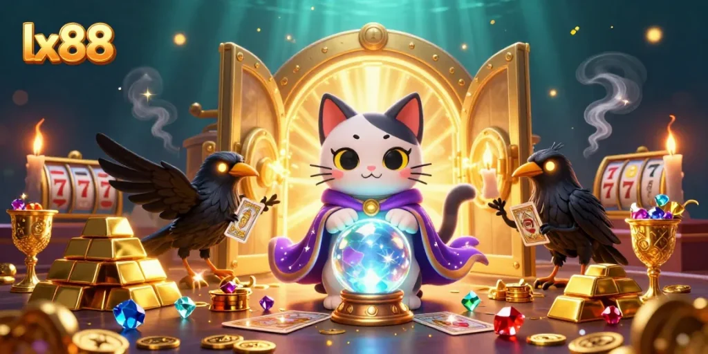 Experience the magic of casino gaming with lx88 featuring a mystic cat, tarot raven, and treasures.