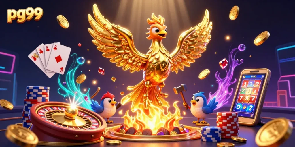 Experience thrilling wins with pg99 as the golden phoenix emerges, surrounded by rich casino elements.