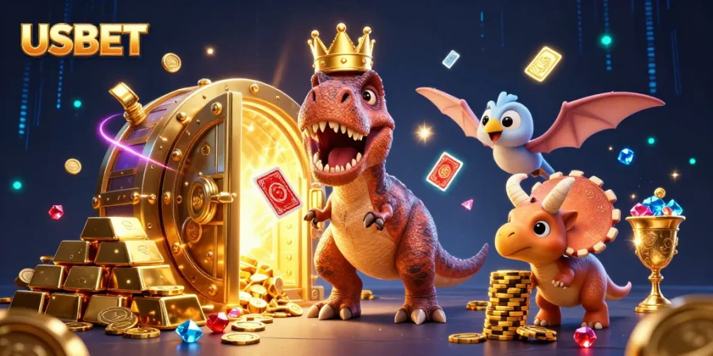 Experience exciting gameplay at USBET with a T-Rex card dealer, vibrant treasures, and lively action!