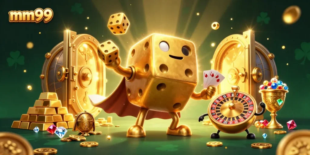 Experience the excitement of mm99 with a golden dice golem and treasure in a vibrant casino scene.