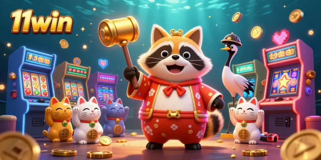 Experience the exciting world of casino games with 11win's vibrant 3D illustration showcasing fun symbols and characters.