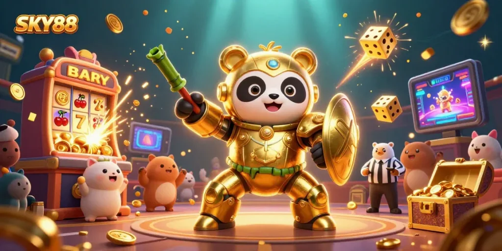 Experience thrilling gameplay at SKY88 with a dynamic casino scene featuring a golden panda robot amidst exciting game elements.