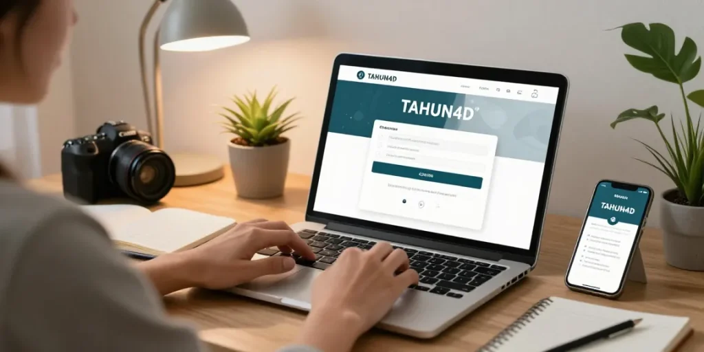 Pengguna tahun4d mengakses halaman login di laptop di ruang kerja modern dengan suasana nyaman dan terorganisir.