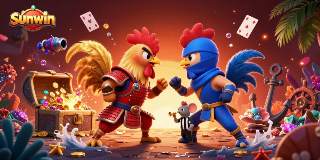 Sunwin's dynamic showdown featuring fighting roosters and treasures enhances gaming excitement.