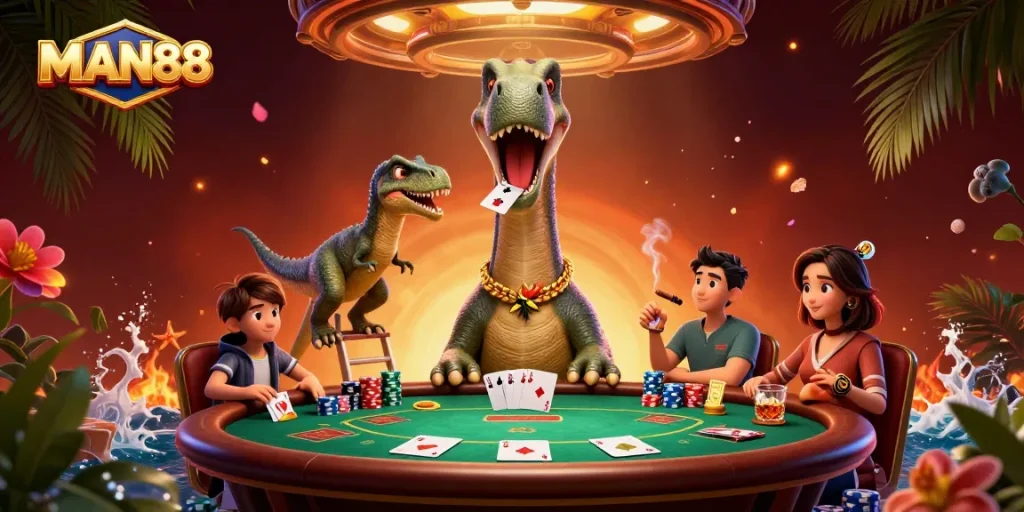 Engage in exciting poker games at MAN88's vibrant casino atmosphere with thrilling characters!