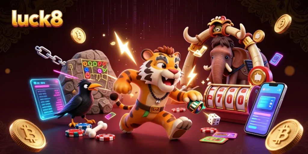 Engage in the thrilling world of luck8 with high-energy 3D casino illustration featuring cavemen and crypto elements.