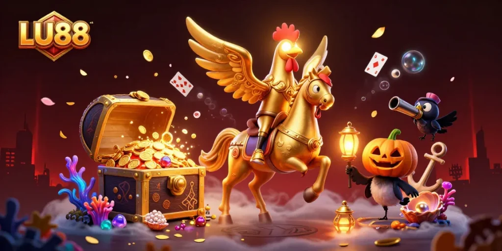 LU88 engage in lively casino adventures with unique 3D characters amidst treasures and playing cards.