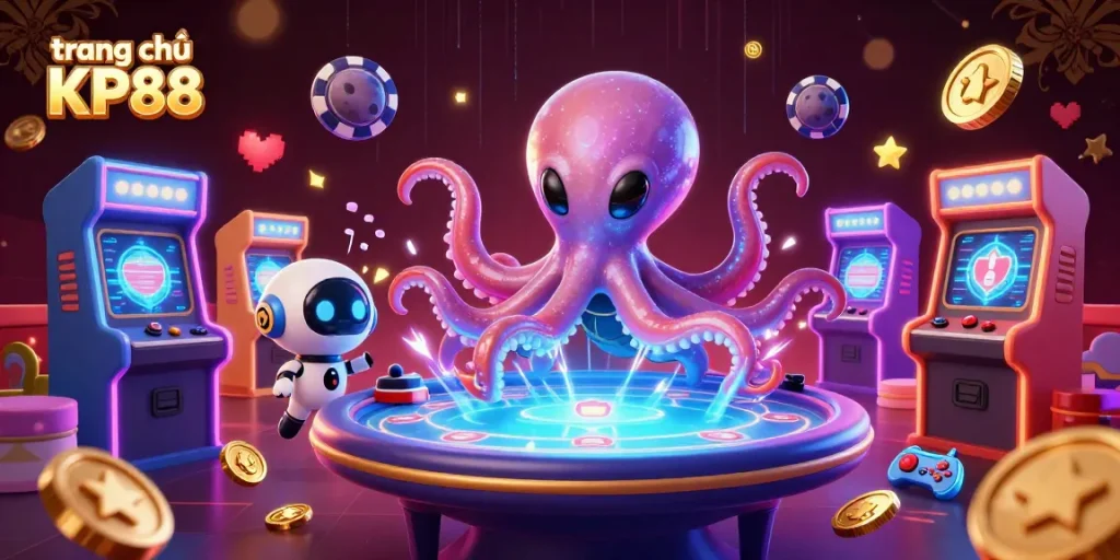 Experience the colorful gaming scene at trang chủ KP88 with an alien octopus and poker action.