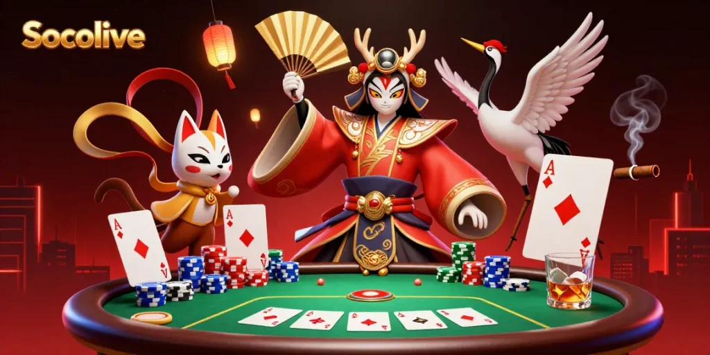 Socolive showcases poker excitement with kabuki warriors and vibrant casino elements.