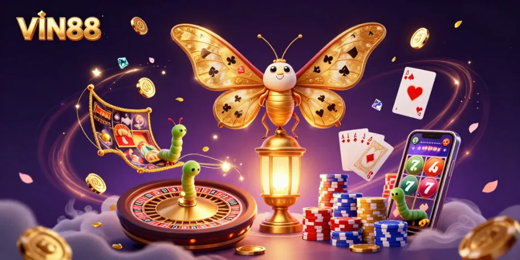 Experience thrilling gameplay with VIN88 showcasing vibrant casino elements and golden treasures.