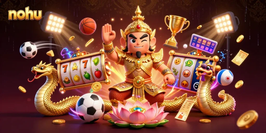 Nohu-themed 3D casino scene featuring a Thai guardian with slot elements and sports symbols.