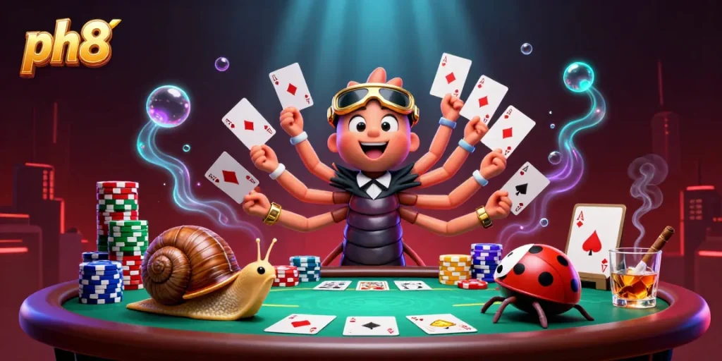 Engage in thrilling poker with ph8's cartoon characters in a vibrant casino scene