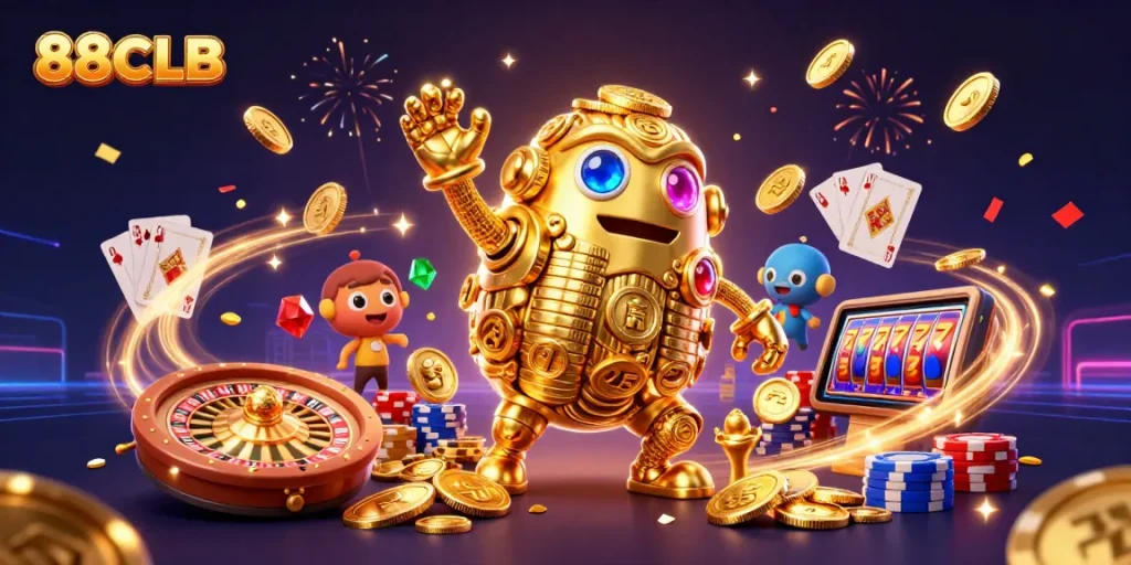 Engage with 88CLB's vibrant online casino experience featuring a dynamic golden golem and casino elements.