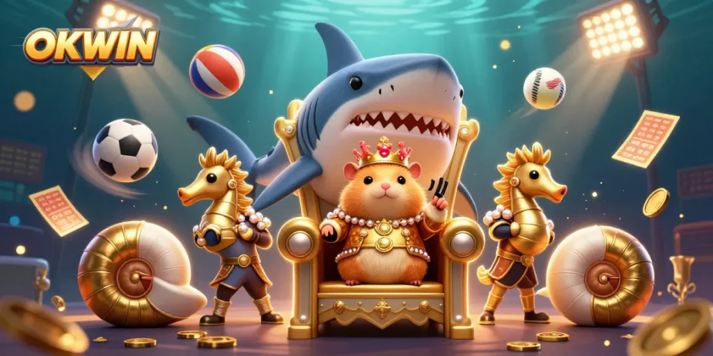 Experience the thrill of OKWIN with golden hamster king on a megalodon throne amidst sports celebrations.