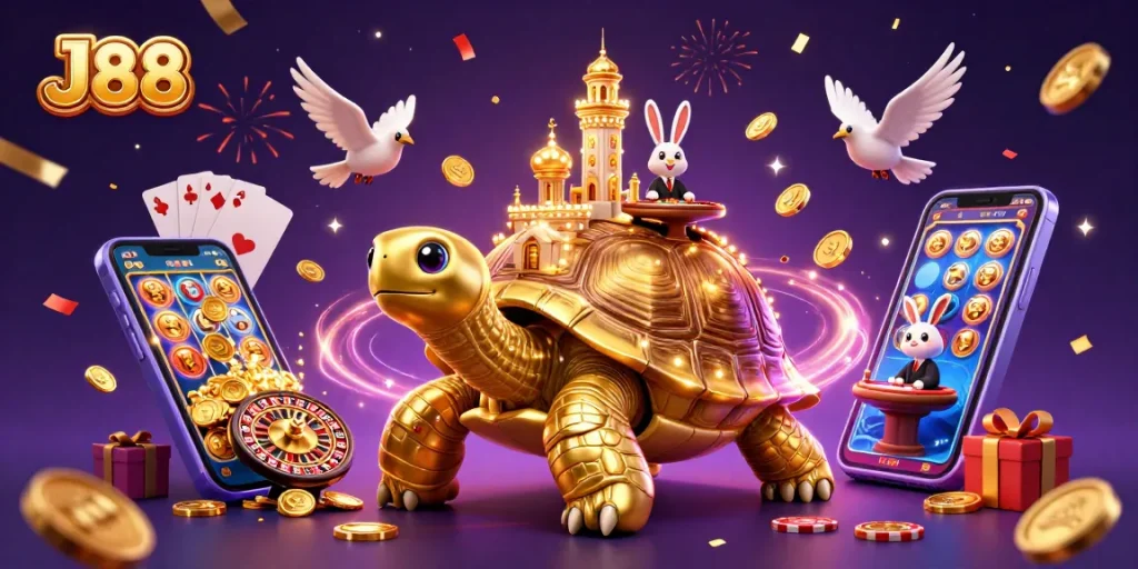 Experience the excitement of gambling at J88 with a lively scene of winnings and casino elements.