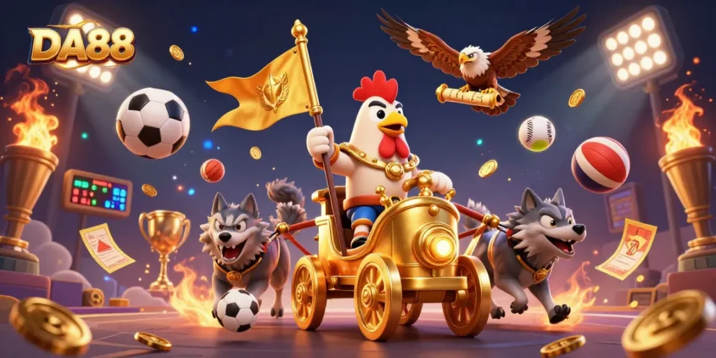 Engage with DA88 in a vibrant 3D scene of a rooster warlord and sports elements