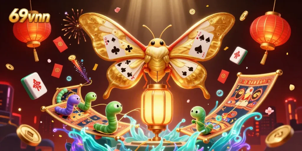 Engage with the vibrant casino world of 69vnn featuring a majestic atlas moth amidst dynamic gaming elements.