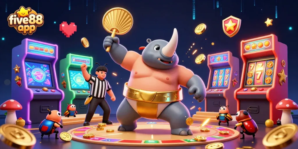 Experience excitement with the five88 app, featuring a dynamic sumo champion and slot game elements.