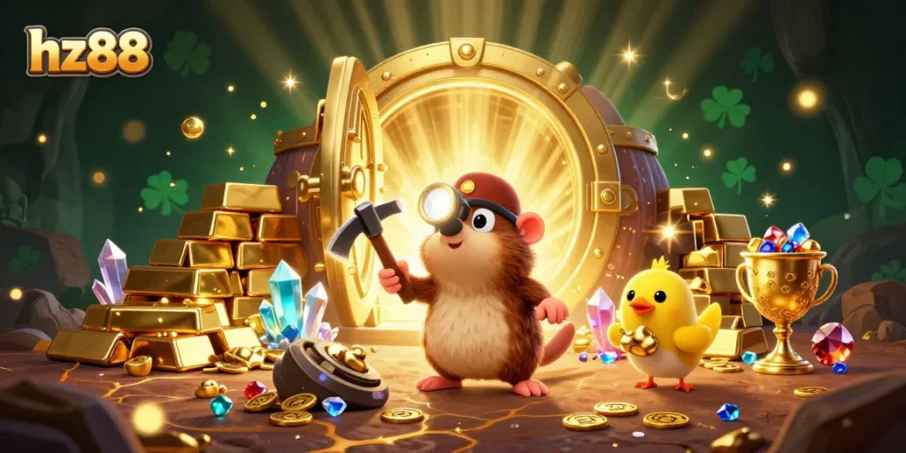 Experience thrilling wins at hz88 with our vibrant treasure hunter scene filled with gems and gold!