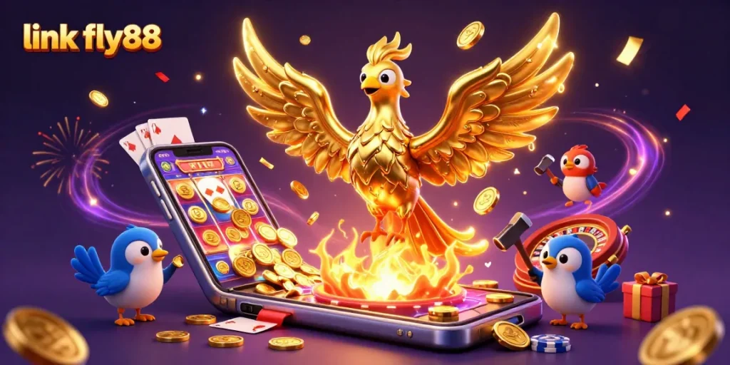 Engage with the link fly88 experience through 3D casino excitement with golden phoenix and game elements.
