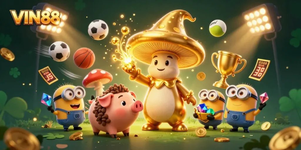 Experience betting magic with VIN88, featuring a golden wizard, treasure hunting, and dynamic sports elements.