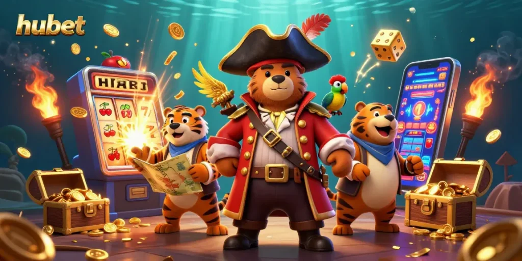 Win big at hubet with a lively pirate-themed casino adventure filled with colorful slot machines and treasures!