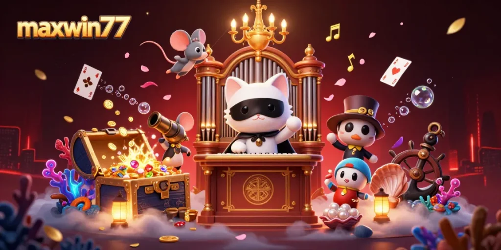 Engage with maxwin77 to explore the vibrant 3D casino scene filled with treasures and animated characters.
